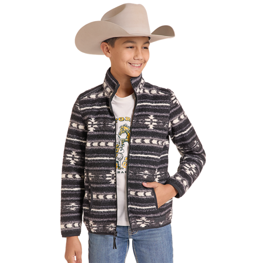 Rock & Roll Denim Youth Boy's Charcoal Aztec Stripe Berber Zip Jacket BB92C09217