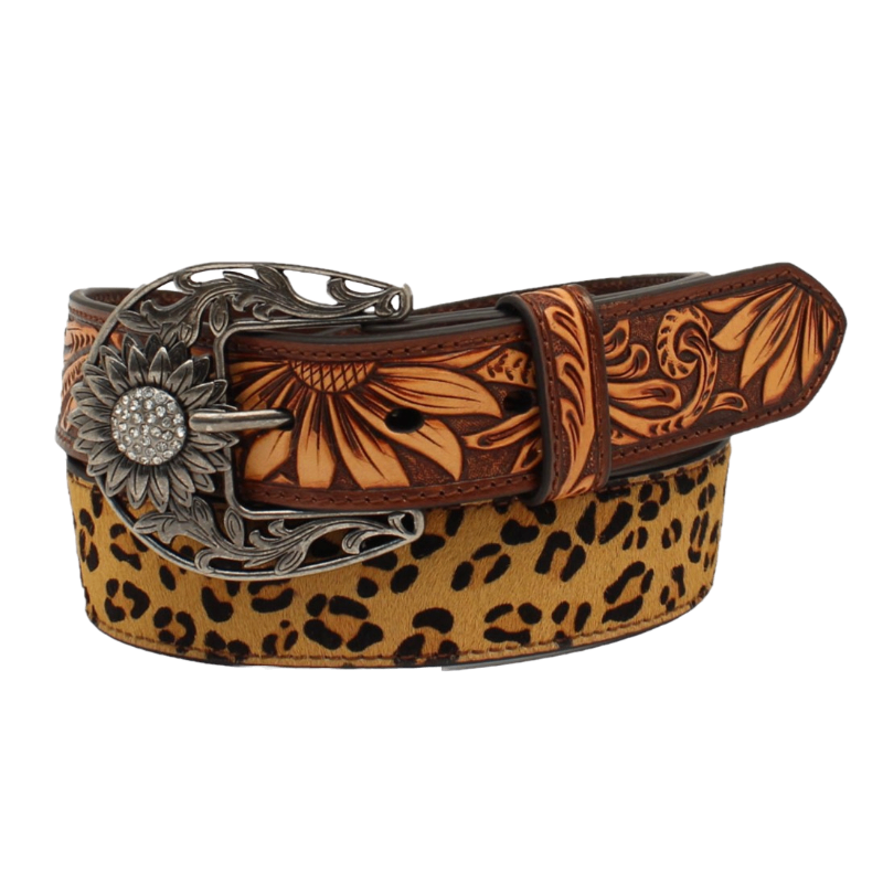 Angel Ranch® Ladies Leopard Sunflower Tooled Brown Belt D140001802