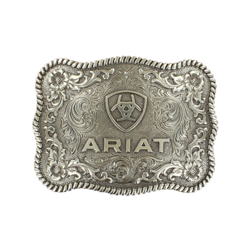 Ariat Rectangle Rope Edge Silver Logo Belt Buckle A37006