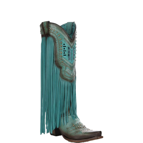 Corral Ladies Crystals & Lamb Fringe Turquoise Western Boots C4077
