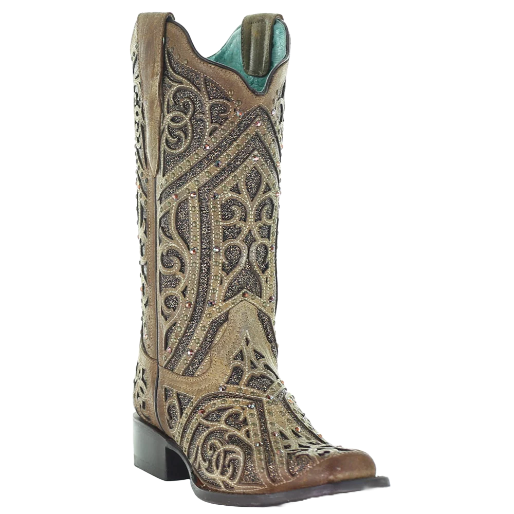 Corral Ladies Straw Brown Studded Boot w/ Bronze & Black Laser Inlay E1623