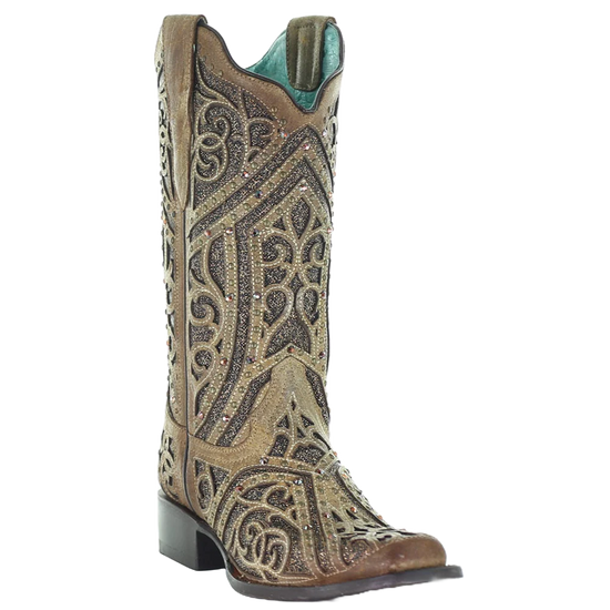 Corral Ladies Straw Brown Studded Boot w/ Bronze & Black Laser Inlay E1623