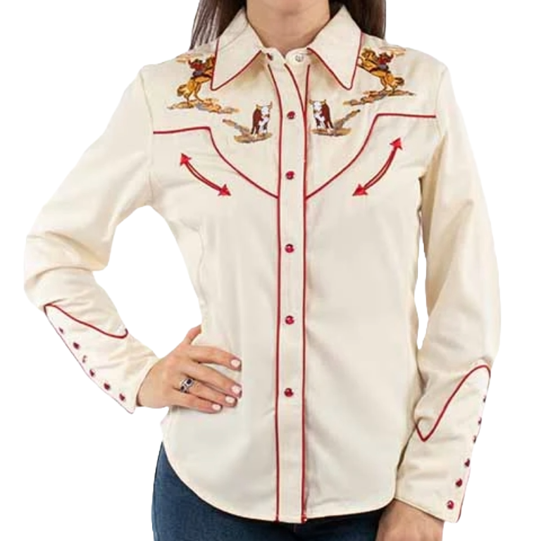 Scully Ladies Cattle Roper Embroidery Cream Western Snap Shirt PL-914