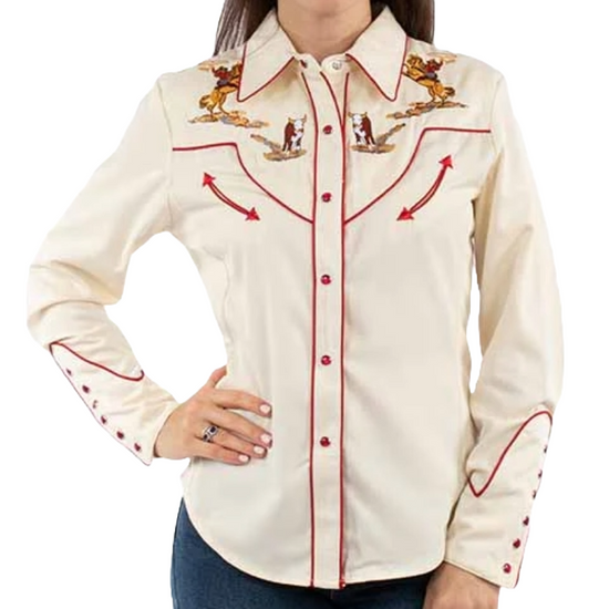 Scully Ladies Cattle Roper Embroidery Cream Western Snap Shirt PL-914
