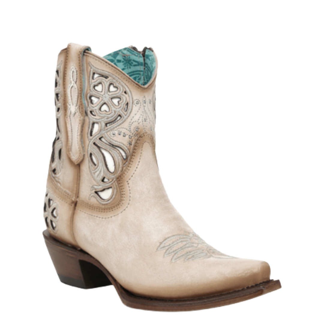 Corral Ladies Bone Flower Inlay & Embroidery & Studs Ankle Boot A5213