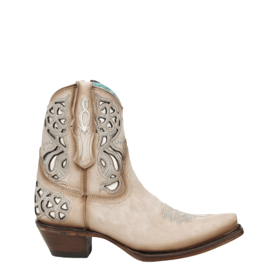 Corral Ladies Bone Flower Inlay & Embroidery & Studs Ankle Boot A5213