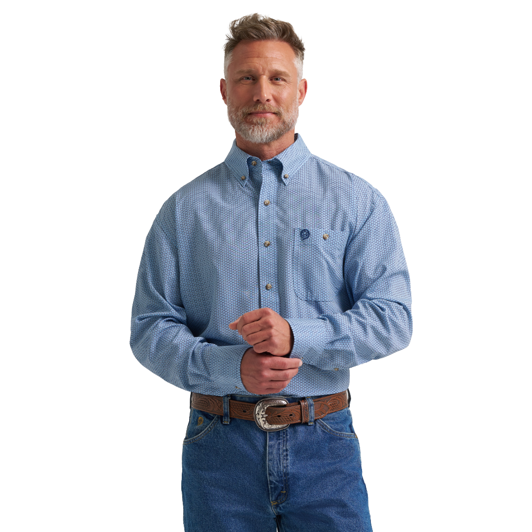 Wrangler X George Strait Men's One Pocket Blue Easy Care Button Shirt 112385377