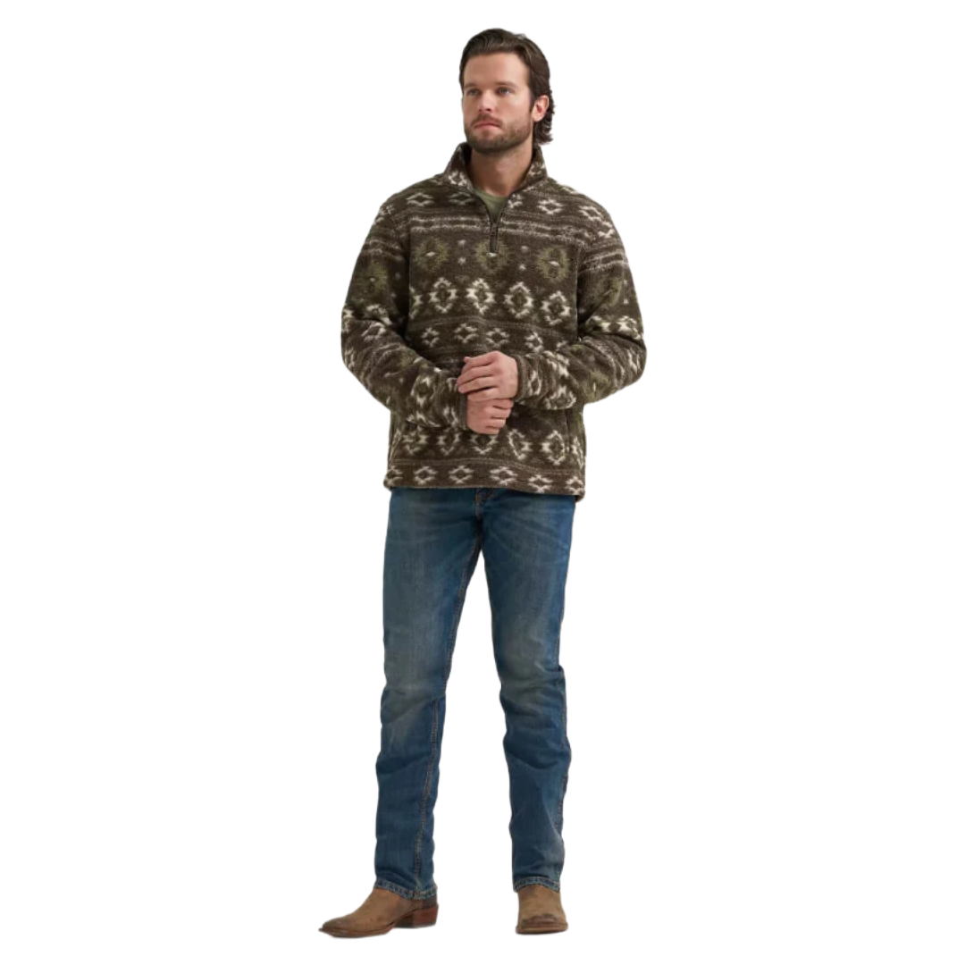 Wrangler Men's Black Olive Aztec 1/4 Zip Sherpa Pullover 112382936