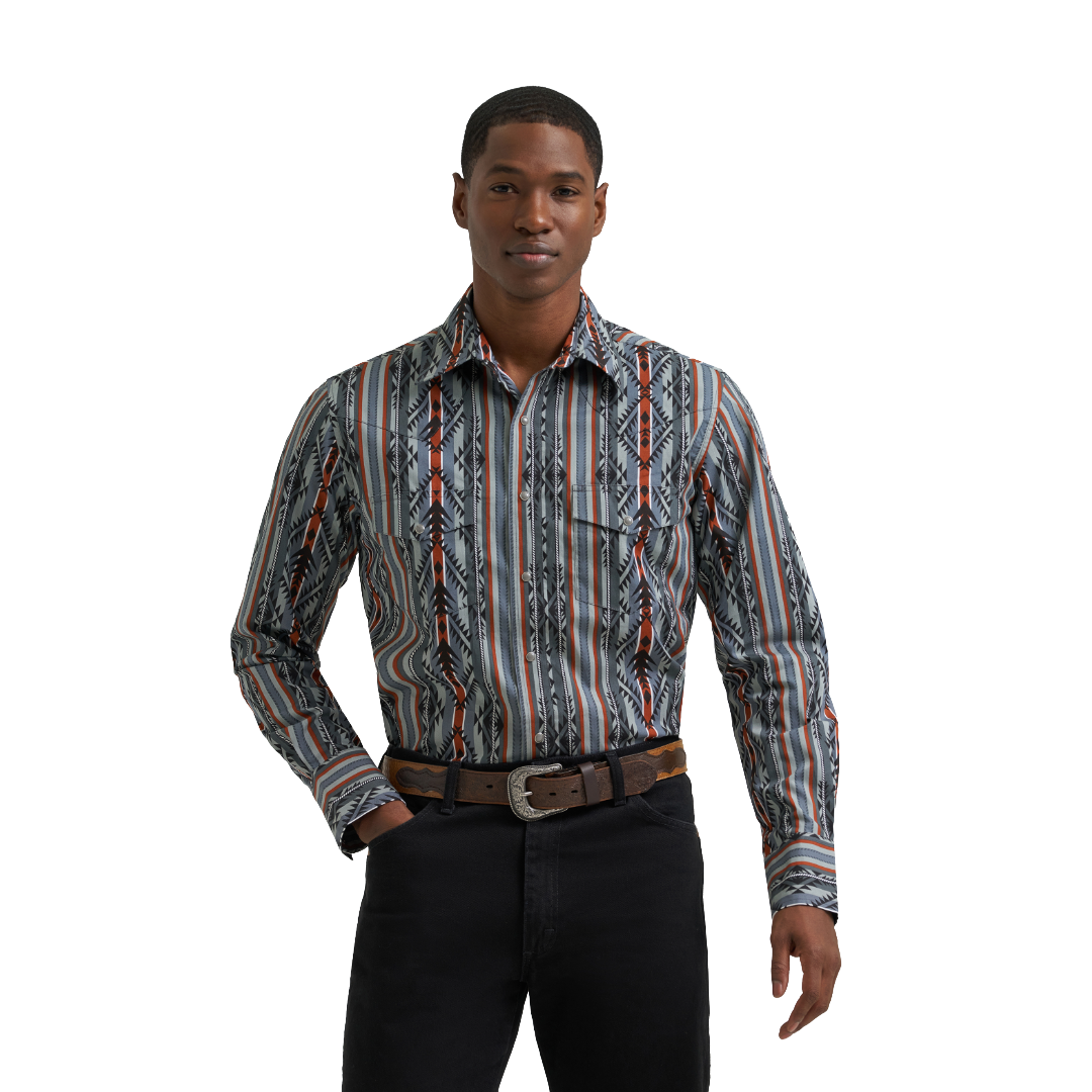 Wrangler Men's Checotah® Dress Western Grey & Orange Snap Shirt 112385915