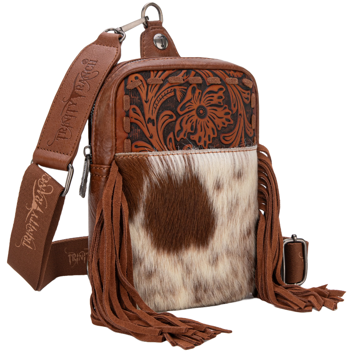 Trinity Ranch Ladies Genuine Hair-On Cowhide Brown Tooled Fringe Sling