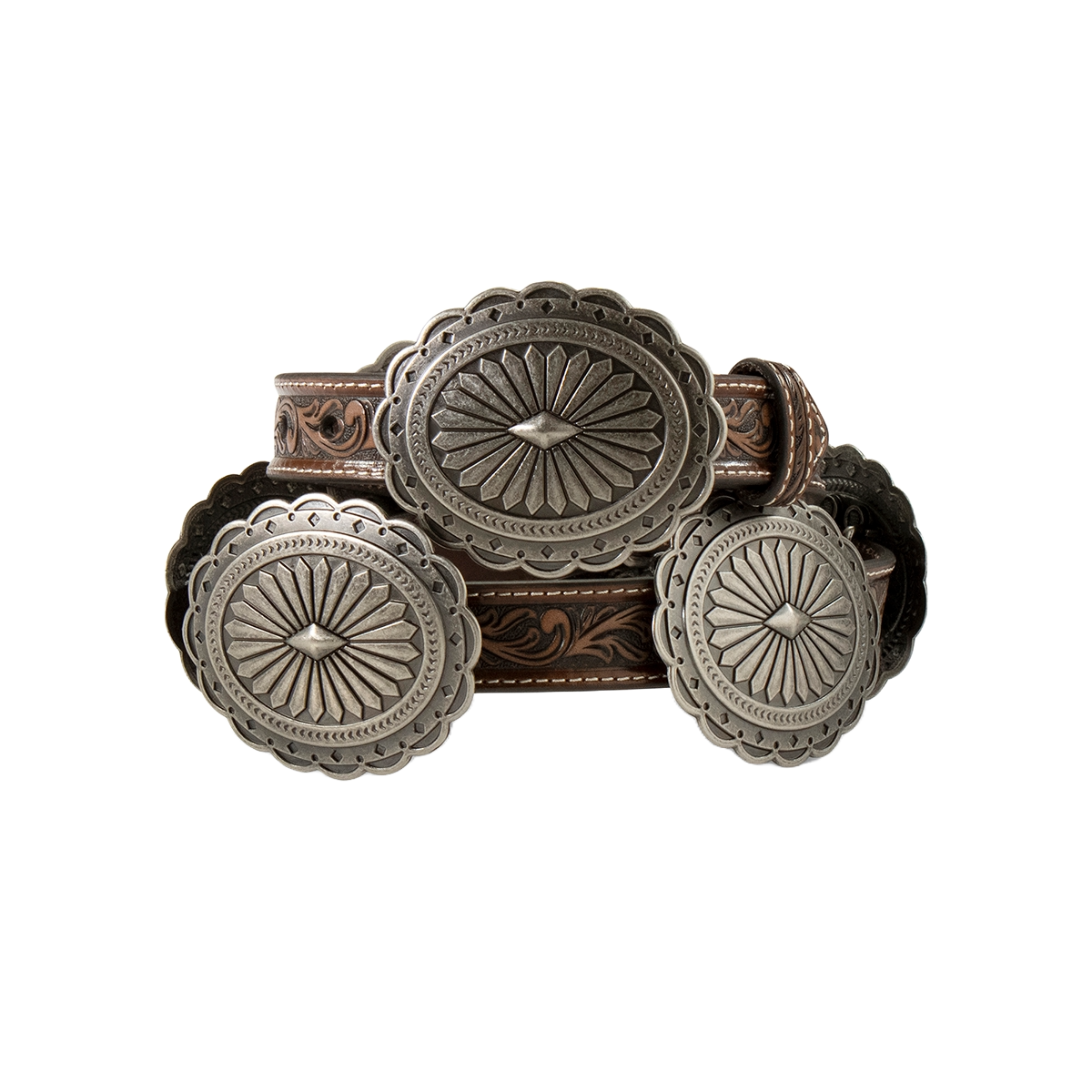 Ariat Ladies Oval Floral Silver Concho Tan Leather Belt A1530508