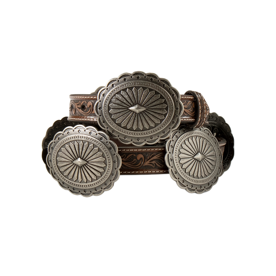 Ariat Ladies Oval Floral Silver Concho Tan Leather Belt A1530508