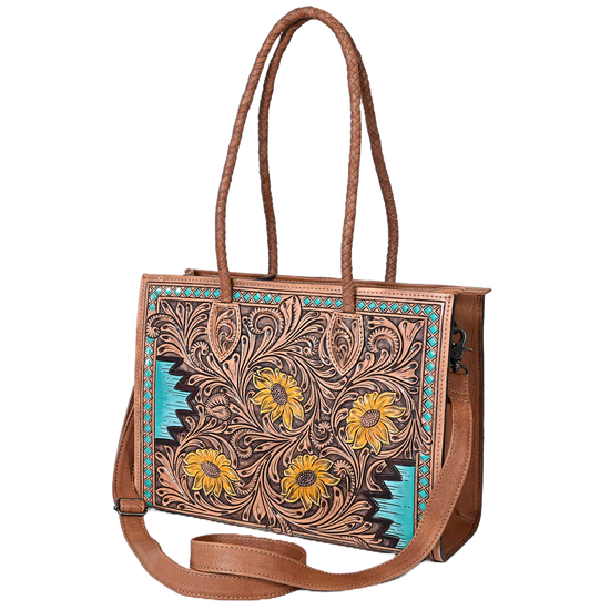American Darling Floral Hand Tooled Brown & Turquoise Leather Bag ADBG1158