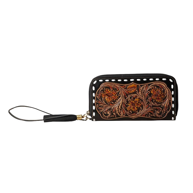 Myra Bag Ladies Canyon Bloom Hand-Tooled Brown Wristlet Wallet S-7463