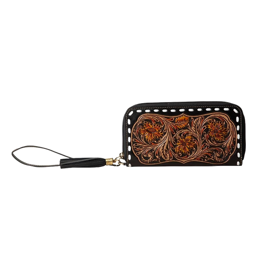 Myra Bag Ladies Canyon Bloom Hand-Tooled Brown Wristlet Wallet S-7463