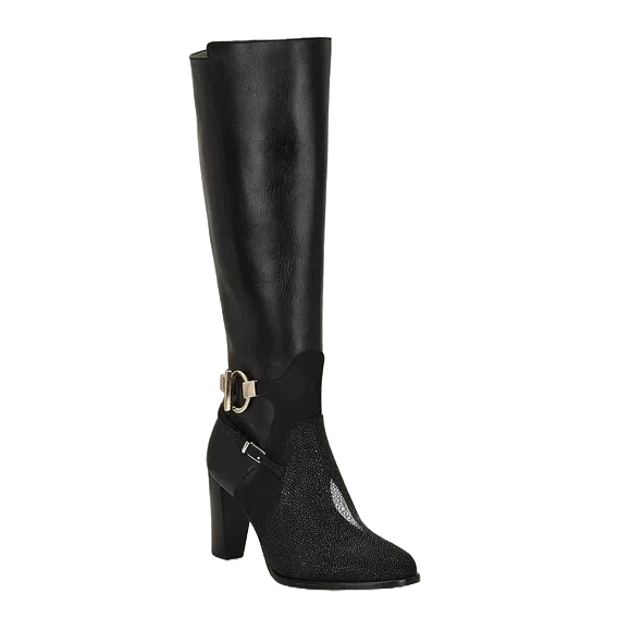 Cuadra Ladies Tall Stingray Leather Black Heeled Boots FC754