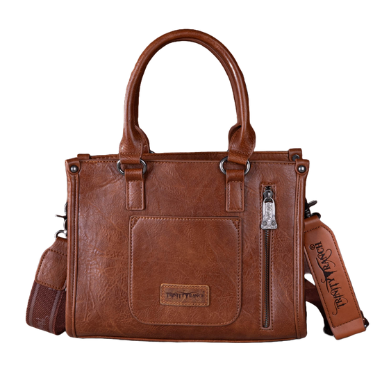 Wrangler Ladies Trinity Ranch Cowhide Tooling Concealed Carry Brown Tote Crossbody Bag TR164-8250ABR