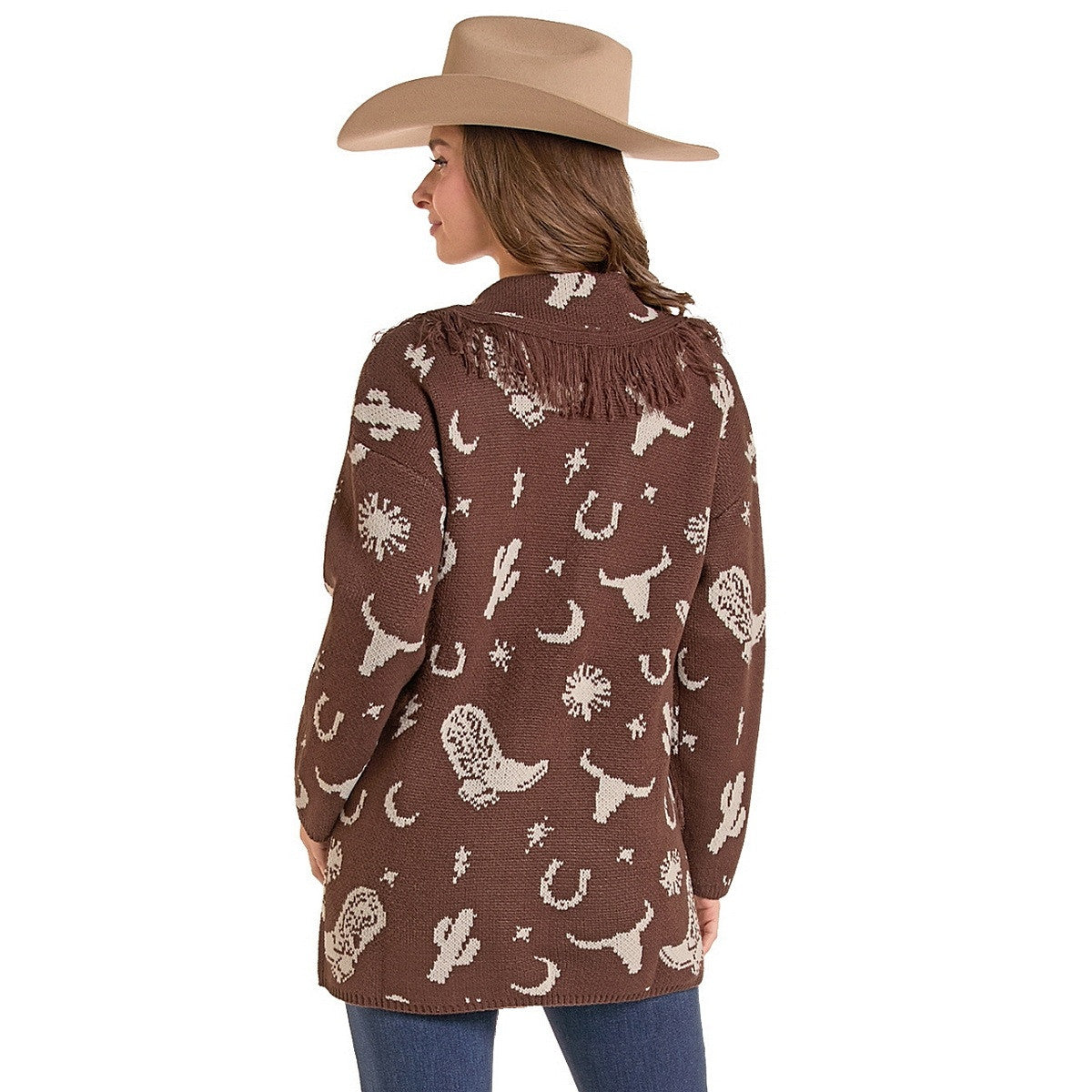 Rock & Roll Denim Ladies Chocolate Western Print Cardigan BW95T09414