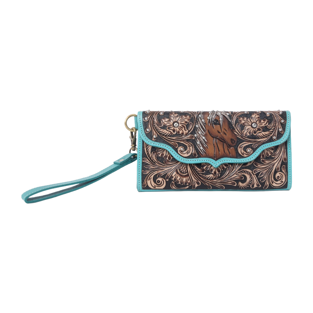 Myra Ladies Sunfire Valley Turquoise Pearl Handtooled Hairon Leather Wallet S-14368