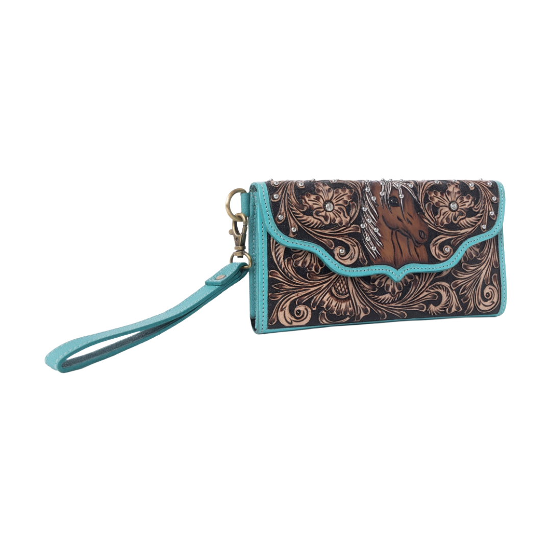 Myra Ladies Sunfire Valley Turquoise Pearl Handtooled Hairon Leather Wallet S-14368