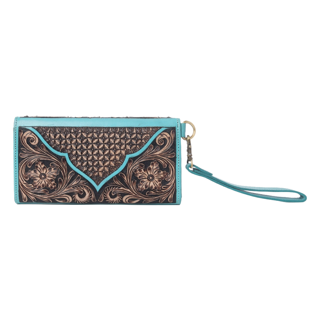 Myra Ladies Sunfire Valley Turquoise Pearl Handtooled Hairon Leather Wallet S-14368