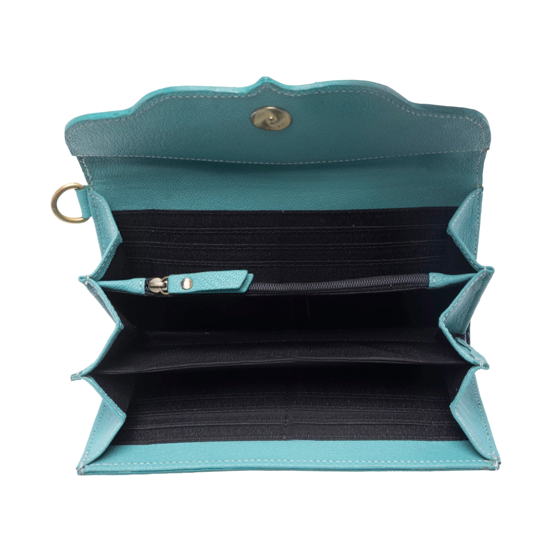 Myra Ladies Sunfire Valley Turquoise Pearl Handtooled Hairon Leather Wallet S-14368