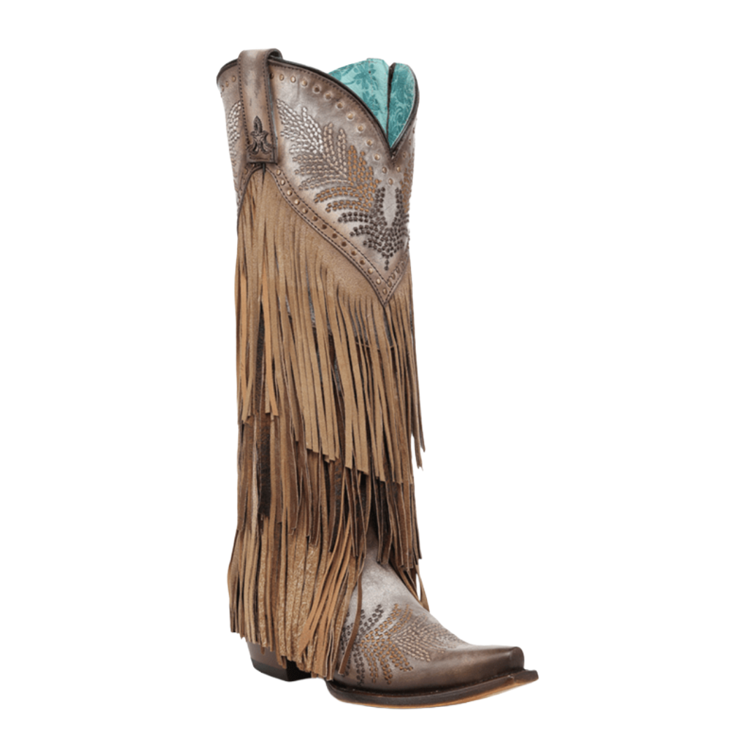 Corral Ladies Brown Overlay & Embroidery Fringe Tall Top Western Boot A5244