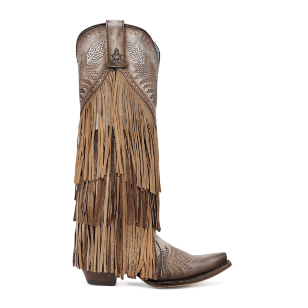 Corral Ladies Brown Overlay & Embroidery Fringe Tall Top Western Boot A5244