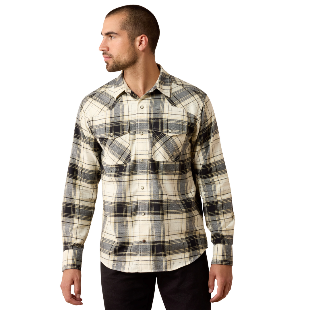 Ariat Men's Retro Harmon Beluga Green Plaid Fitted Snap Shirt 10079577