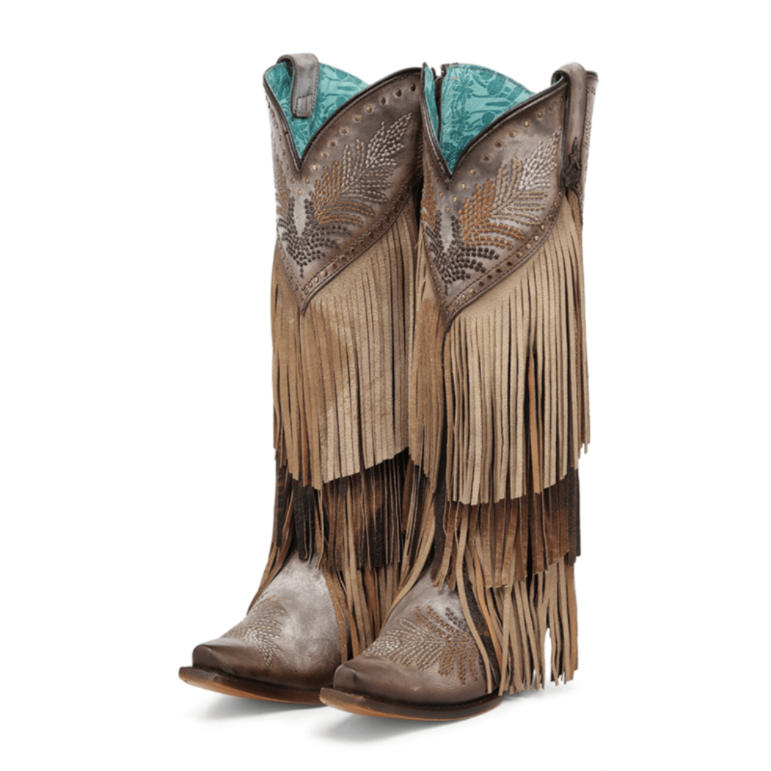 Corral Ladies Brown Overlay & Embroidery Fringe Tall Top Western Boot A5244