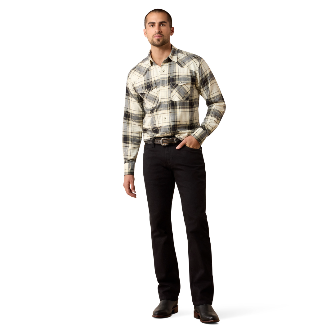 Ariat Men's Retro Harmon Beluga Green Plaid Fitted Snap Shirt 10079577
