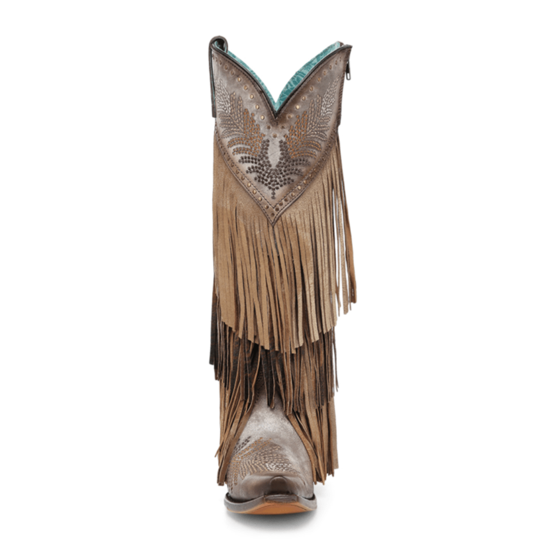 Corral Ladies Brown Overlay & Embroidery Fringe Tall Top Western Boot A5244