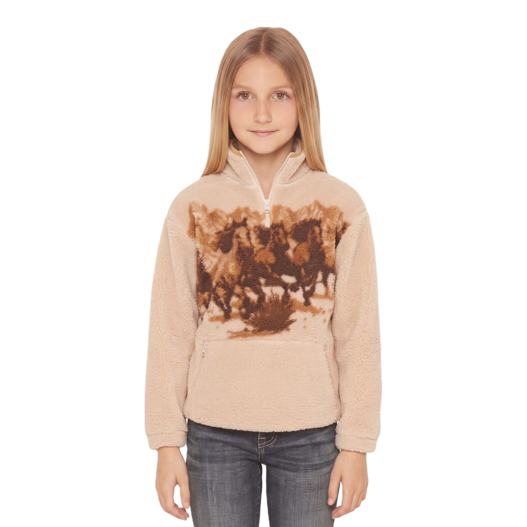 Rock & Roll Denim Girls Cream Horse Print 1/4 Zip Sherpa Pullover BG91C09999