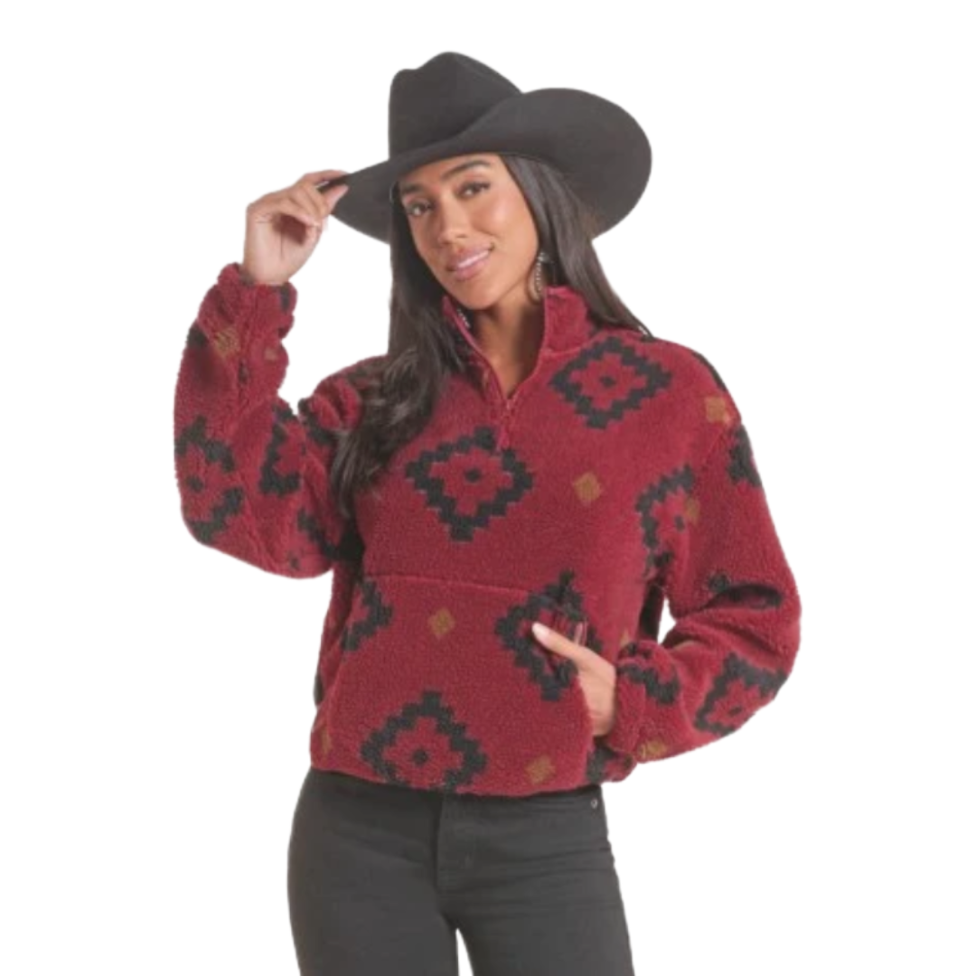 Rock & Roll Denim Ladies Red Geo Print 1/4 Zip Sherpa Pullover BW91C10000