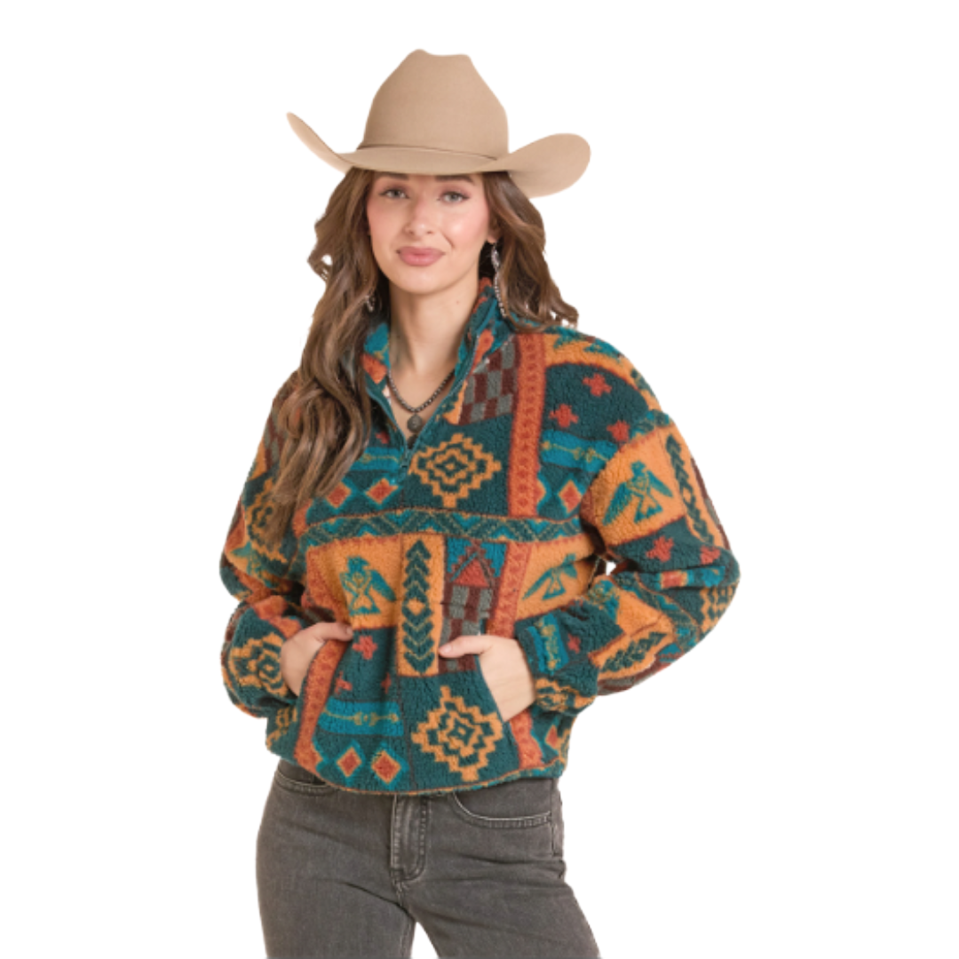 Rock & Roll Denim Teal Aztec Horse Print 1/4 Zip Sherpa Pullover BW91C
