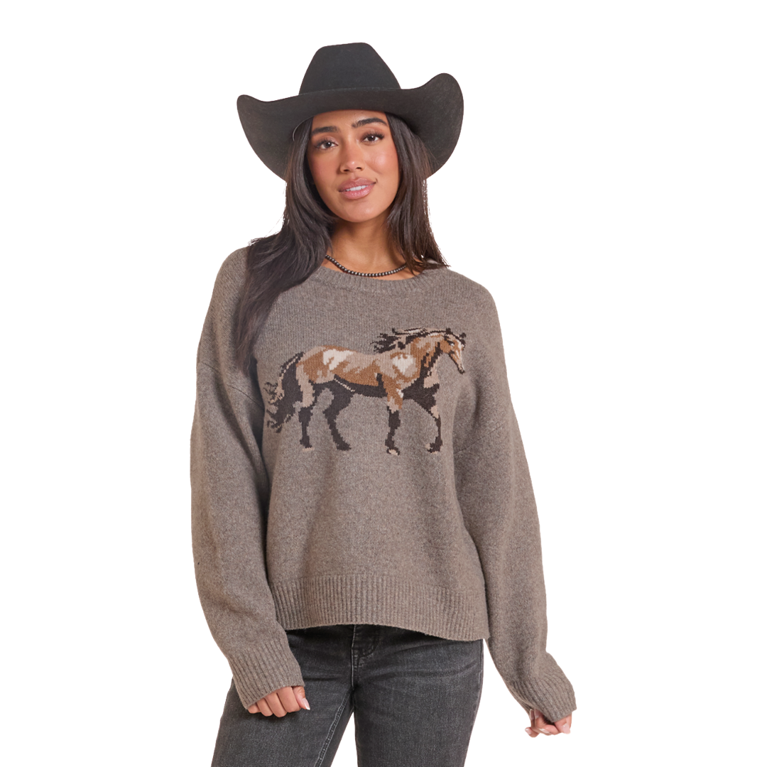 Rock & Roll Denim Ladies Taupe Heathered Horse Sweater BW32T09971