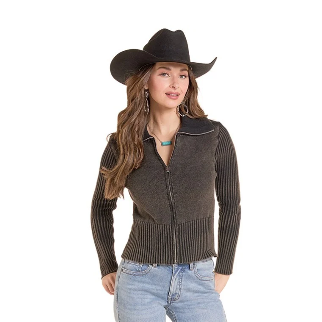 Rock & Roll Denim Ladies Ribbed Knit Black Zip Sweater BW32T10009