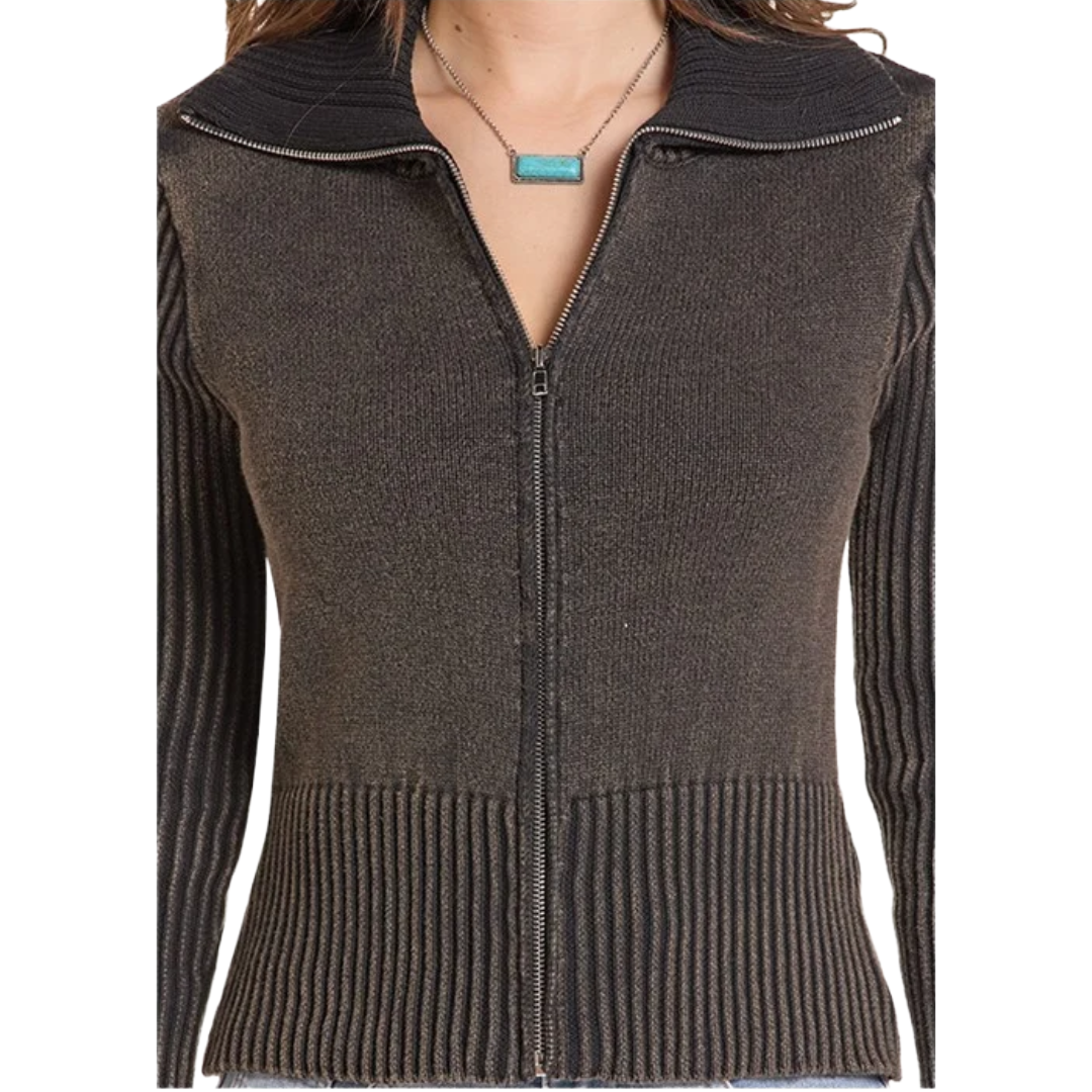 Rock & Roll Denim Ladies Ribbed Knit Black Zip Sweater BW32T10009