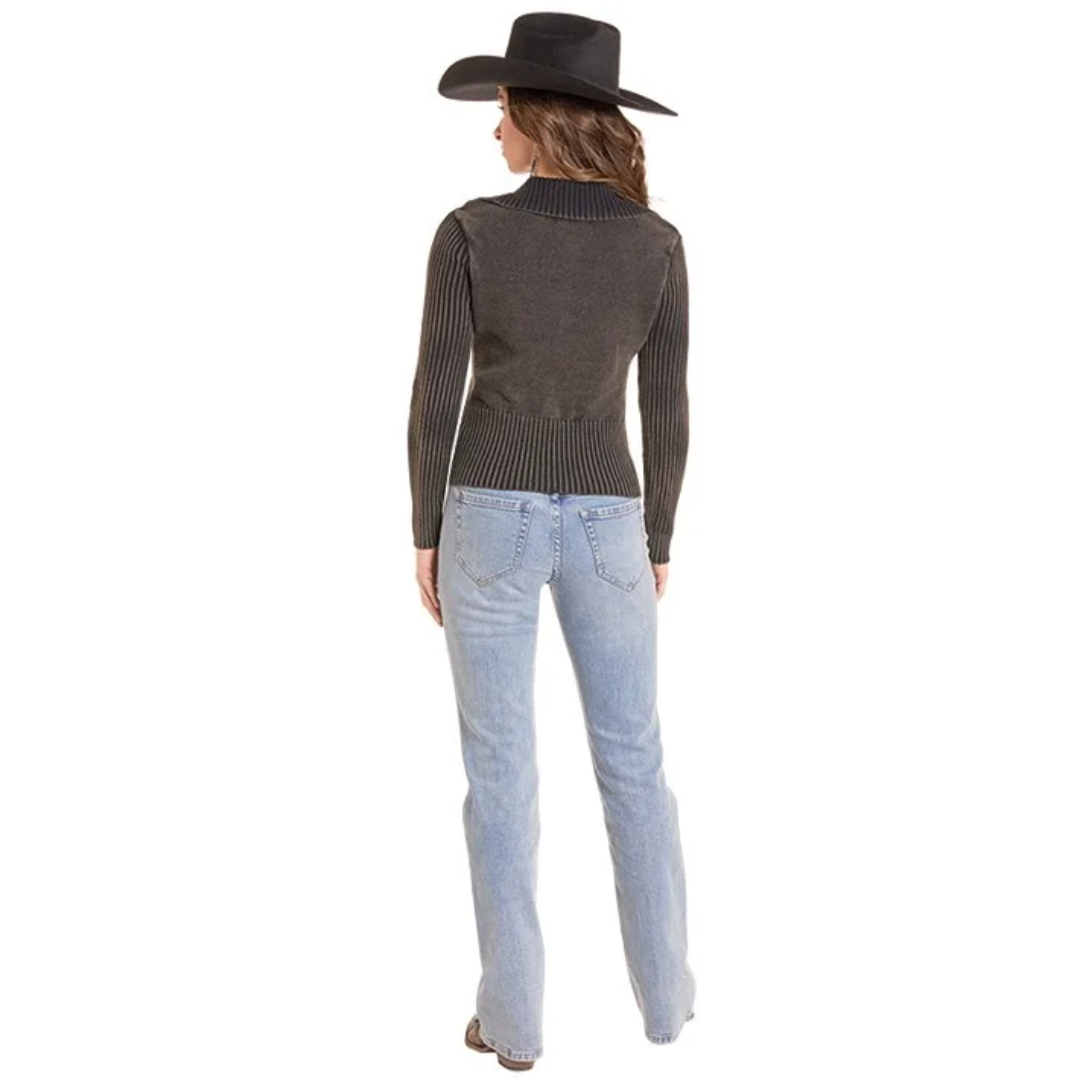 Rock & Roll Denim Ladies Ribbed Knit Black Zip Sweater BW32T10009