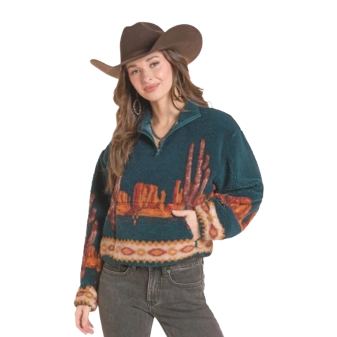 Rock & Roll Denim Ladies Teal Cactus Scenery Print 1/4 Zip Sherpa BW91C09995