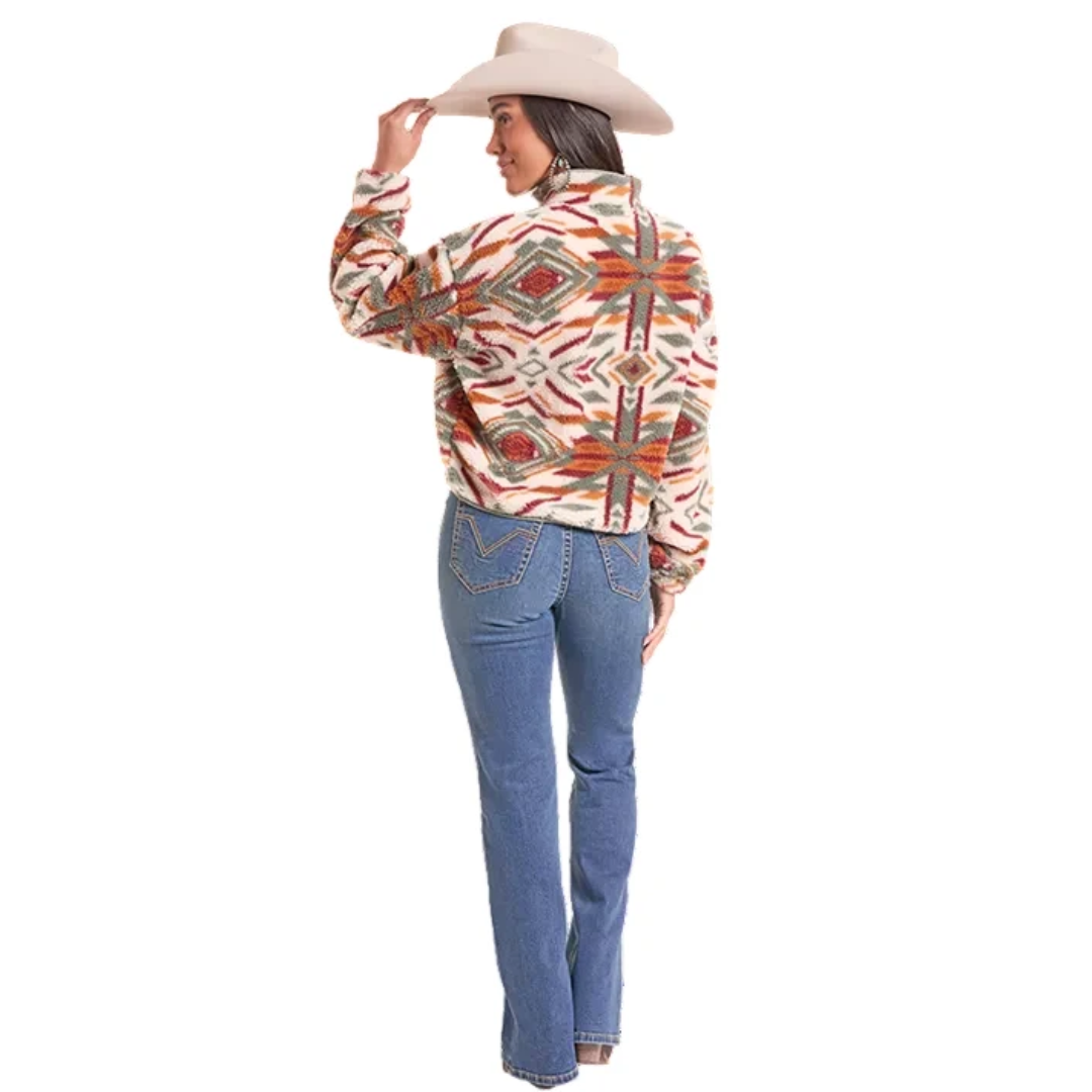 Rock & Roll Denim Aztec Horse Print Cream 1/4 Zip Sherpa Pullover BW91C09998