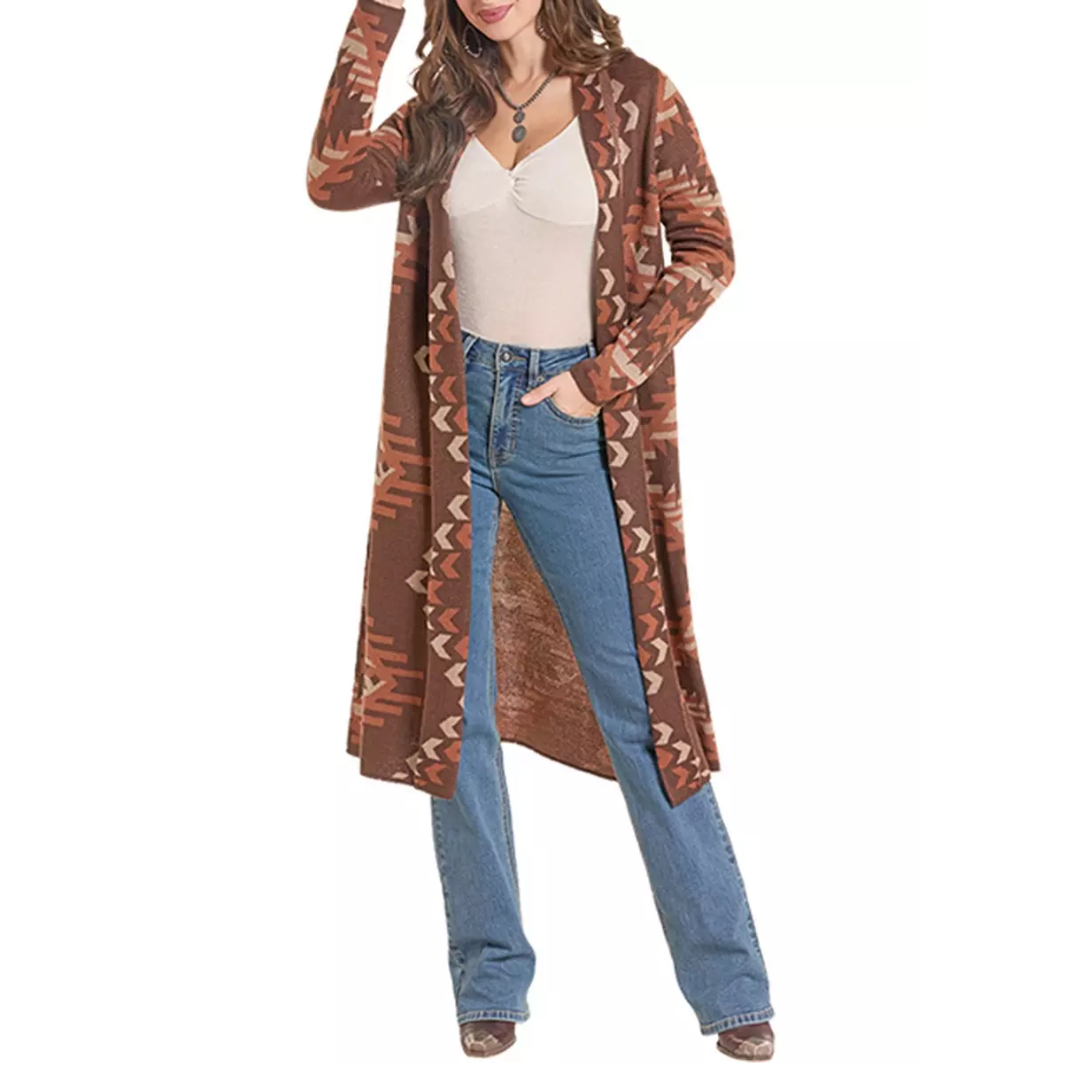 Rock & Roll Denim Ladies Chocolate Brown Aztec Print Knit Duster BW95T10015