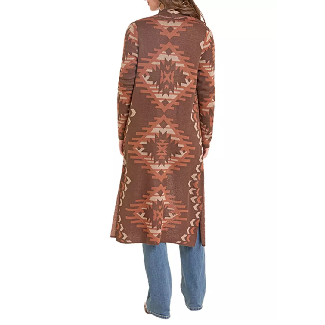 Rock & Roll Denim Ladies Chocolate Brown Aztec Print Knit Duster BW95T10015