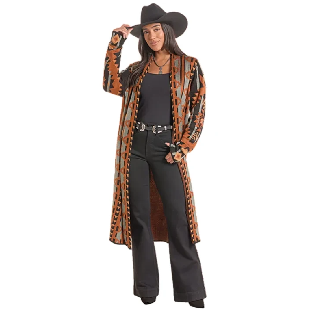 Rock & Roll Denim Ladies Black Aztec Print Knit Duster BW95T10017