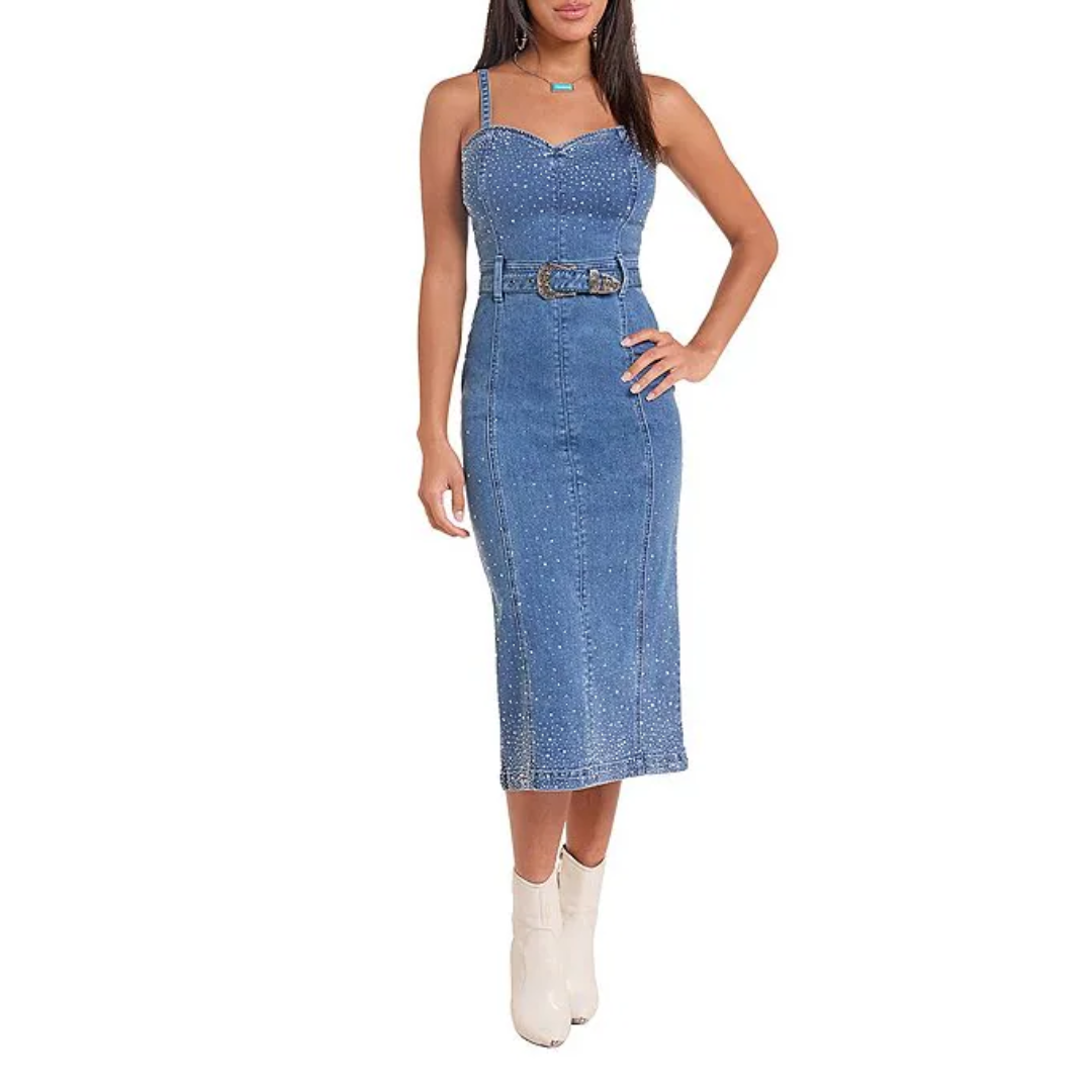 Rock & Roll Denim Ladies Blue Crystal Rhinestone Studded Dress BWD0D10381