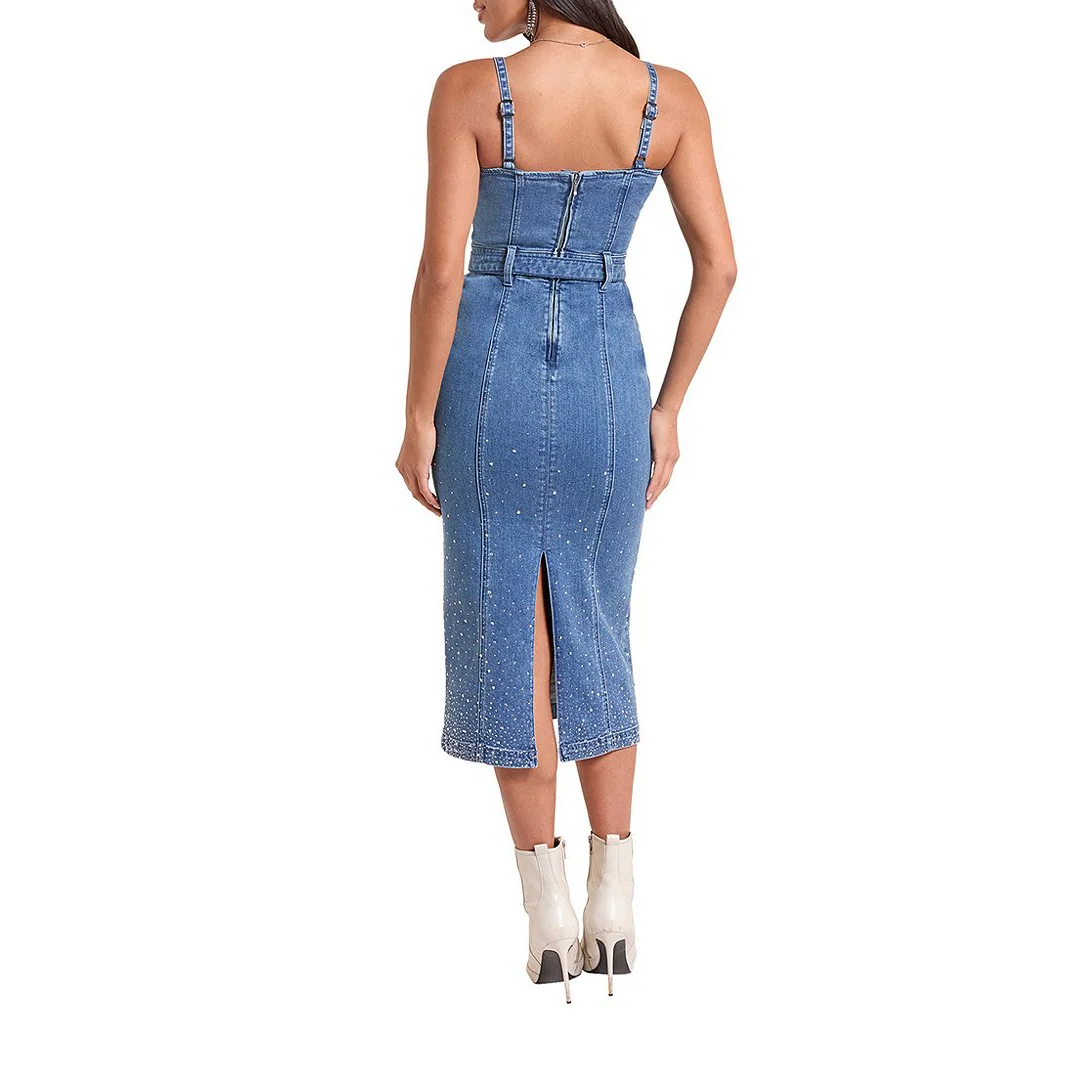 Rock & Roll Denim Ladies Blue Crystal Rhinestone Studded Dress BWD0D10381