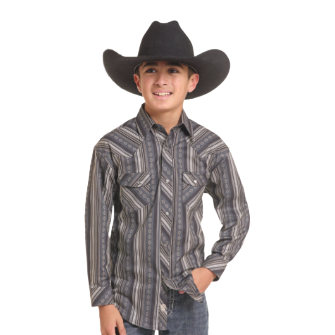 Rock & Roll Denim Boys Medallion Grey Striped Button Down BBN2S10118