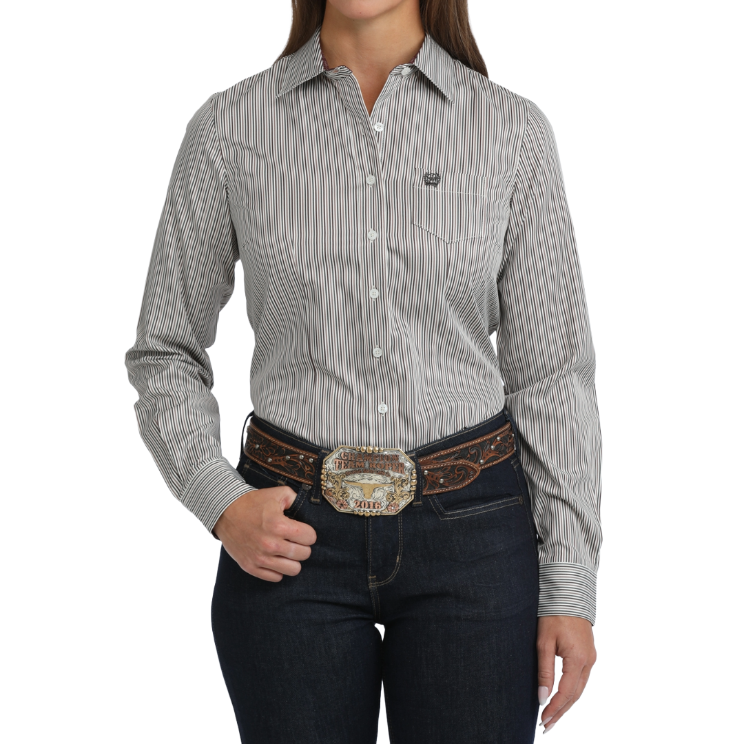 Cinch Ladies White Striped Button Down Shirt MSW9164282