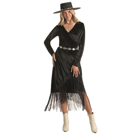Panhandle Ladies Velvet Fringed Black Wrap Around Dress LWD1R02849 Panhandle Ladies Velvet Fringed Black Wrap Around Dress LWD1R02849
