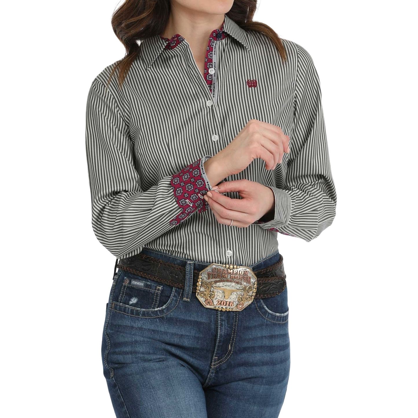 Cinch Ladies Black Stripe Print Button Down Shirt MSW9165065